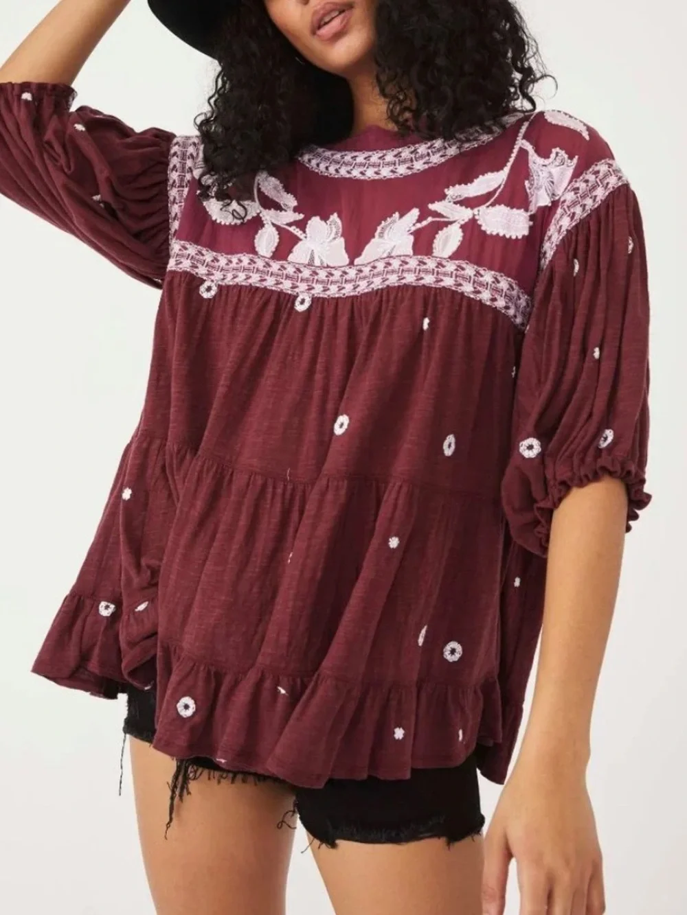 Free People Edie Top Sweet Raisin Maroon Embroidered Boho Peasant Blouse Size XS